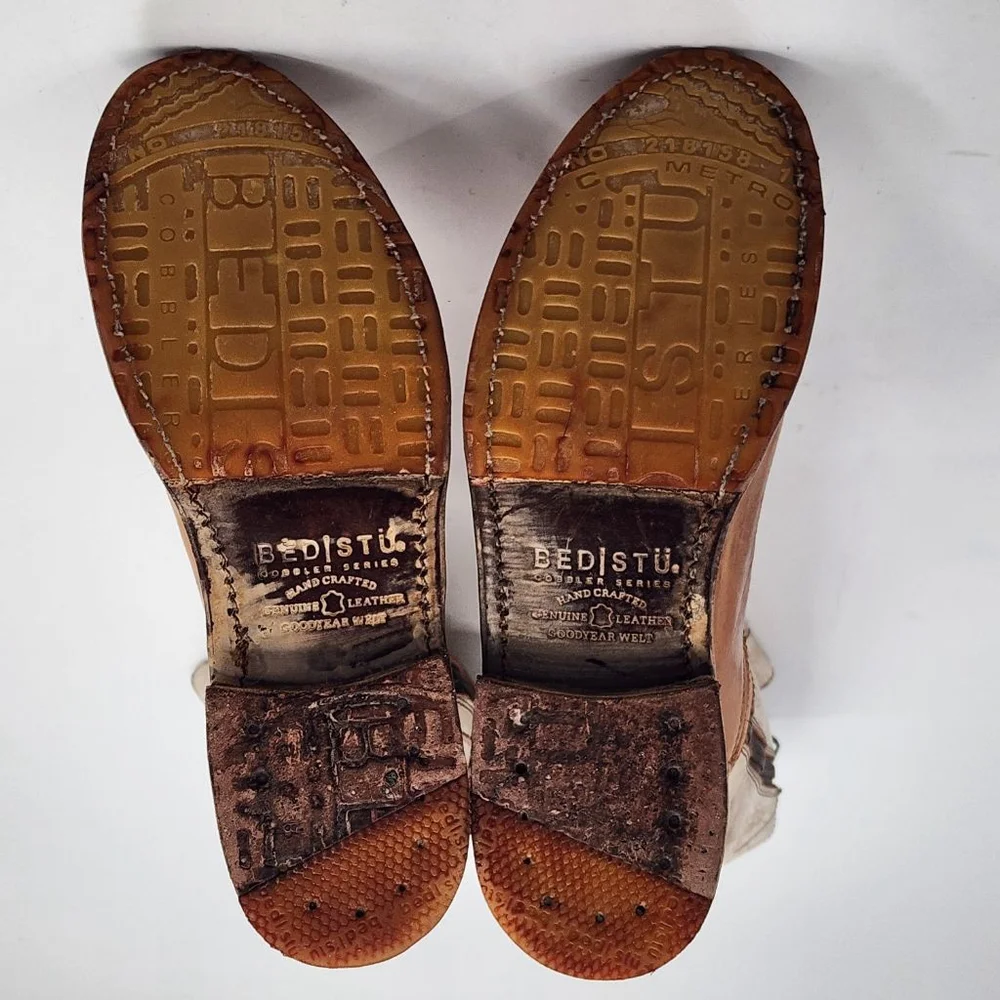 BED‎ STU NIB Gogo Distressed Leather Mid-Calf Boots 8.5 Brown White